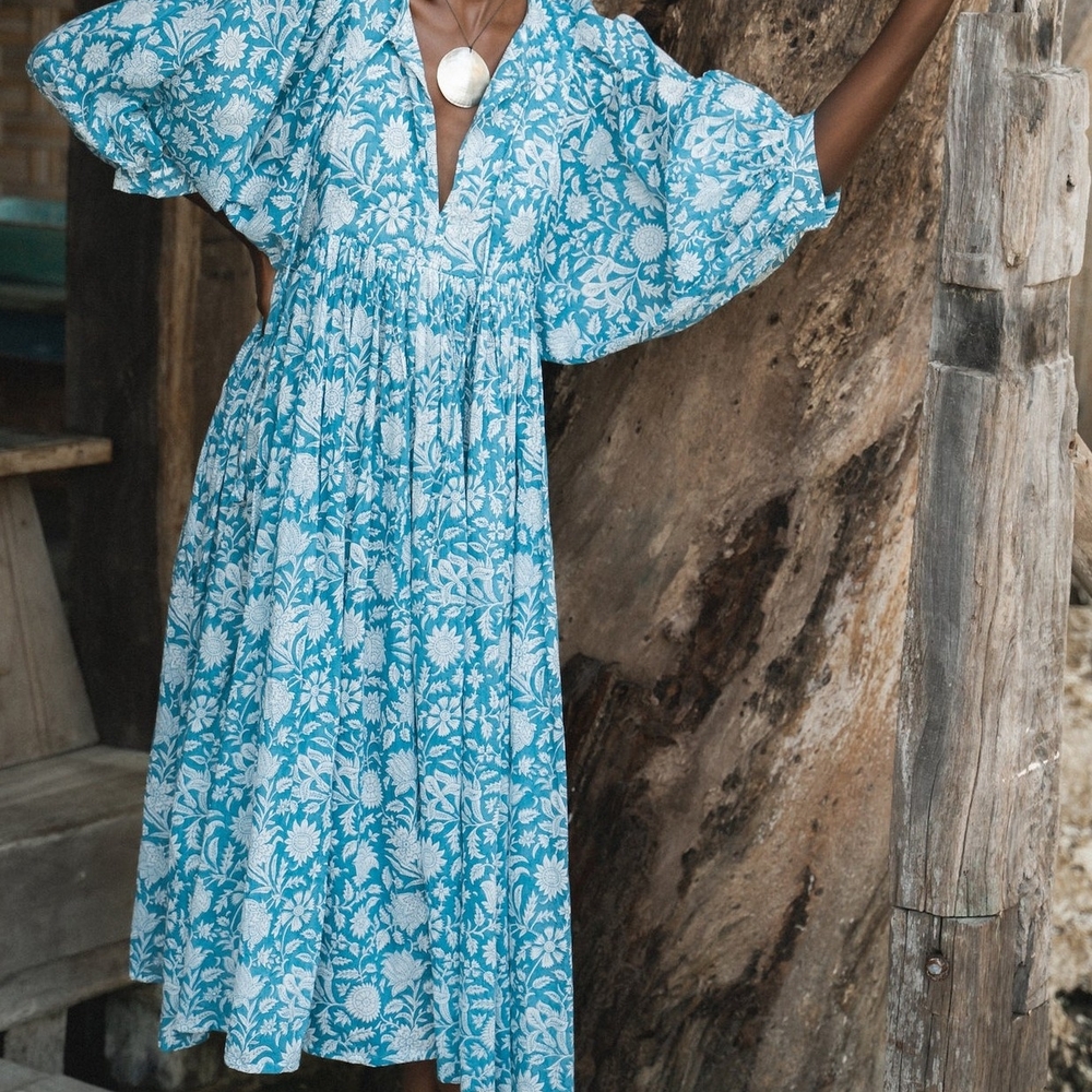 Daughters of India Teal Floral Dress